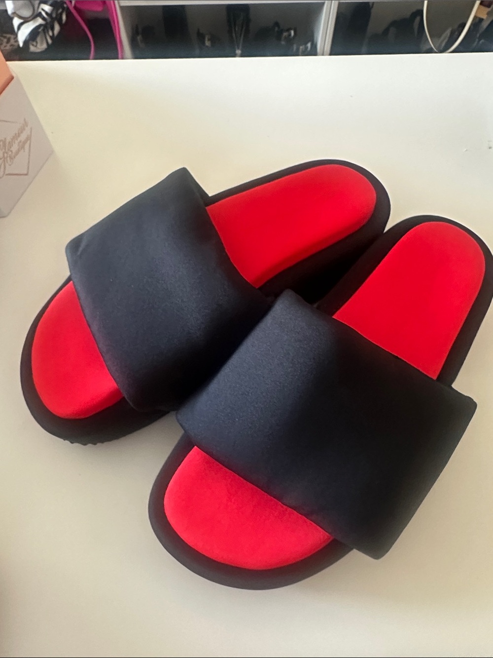 adidas Black Slide Mules with Red Footbed